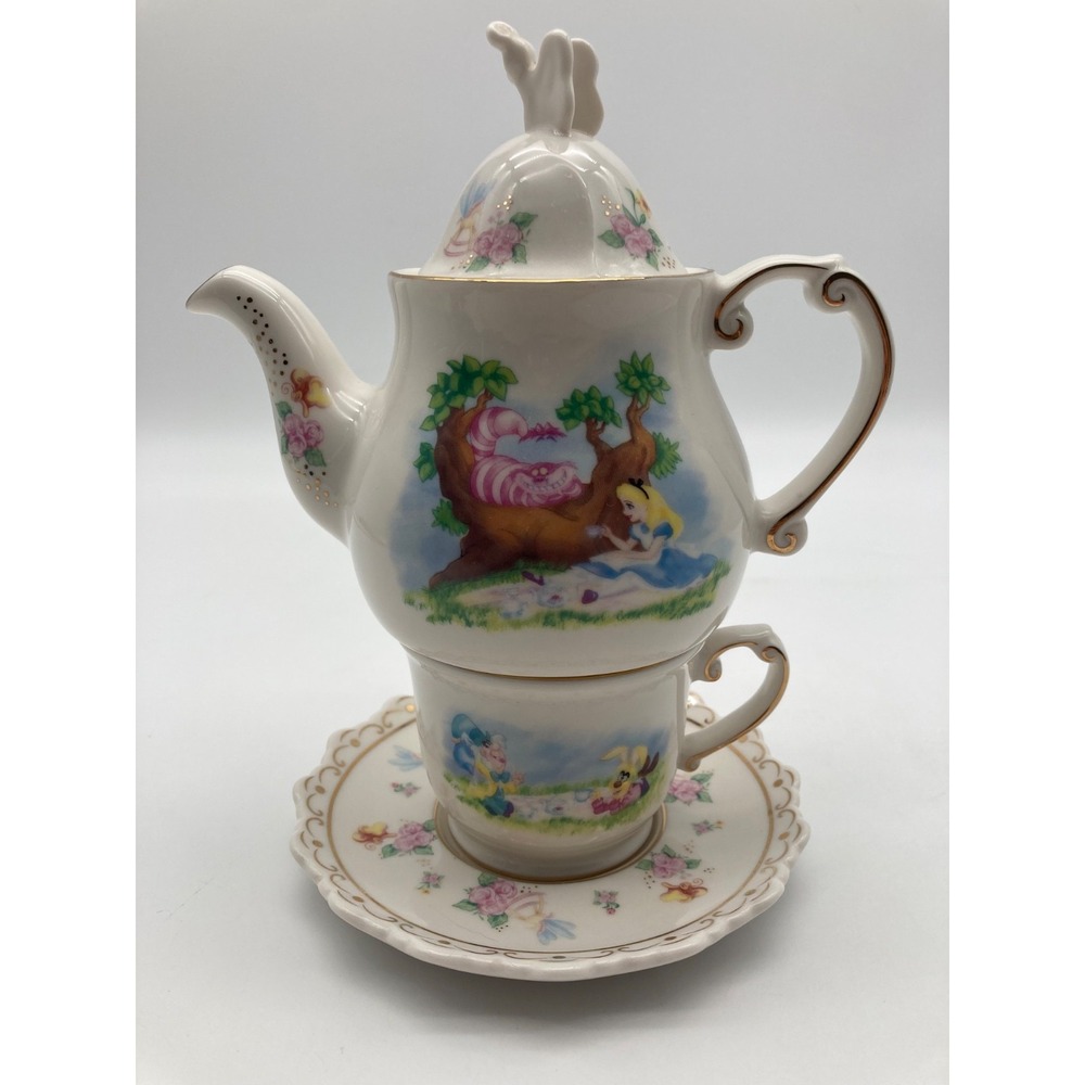 Disney Parks Alice in Wonderland Tea for One Set Teapot Cup Saucer